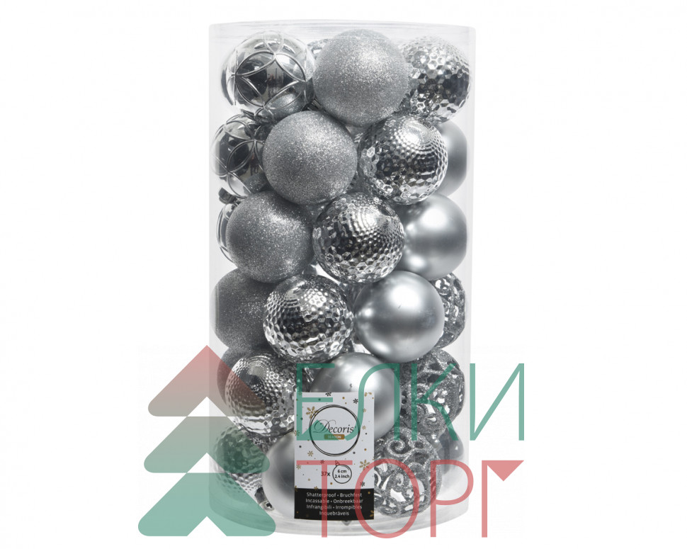 Набор пластиковых шаров Королевский 60 мм, серебро, 37 шт, Kaemingk (020801)